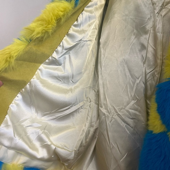 Womens Yellow and Blue Checkered Faux Fur Coat - Picture 5 of 5